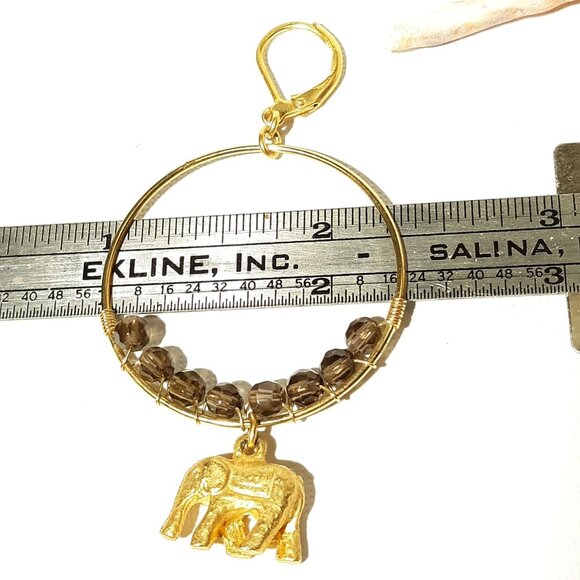 Gold tone Elephant Charms Hoop Earrings Chocolate Faceted Crystals - Picture 8 of 8